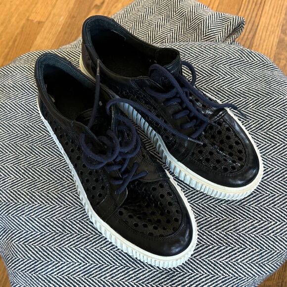 MUSSE & CLOUD Black Cacey Woven Perforated Leather Flatform Creeper Sneakers 9 - Picture 9 of 16